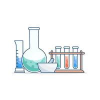 rond et à fond plat flacons, tubes avec solutions et réactifs. laboratoire verrerie. chimique réaction. illustration sur le sujet de chimie, biotechnologie, la biologie. vecteur