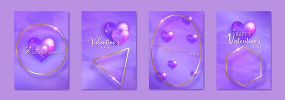 content valentines journée ensemble carte. 3d brillant violet verre cœurs sur luxe papier Contexte. vacances affiche avec or géométrique cadres, bijoux. concept pour valentines bannière, prospectus, fête invitation, cadeau vecteur