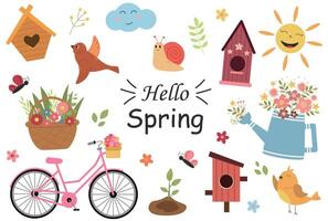 Bonjour printemps ensemble, avec des oiseaux, vélo, fleurs, maisons d'oiseaux, Soleil et autre, vecteur illustration dans dessin animé style isolé sur blanc Contexte