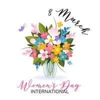 international aux femmes journée. 8 mars. bannière, carte postale avec isolé vase et bouquet de divers printemps fleurs sur blanc Contexte. moderne vecteur conception pour affiche, campagne, social médias poste.