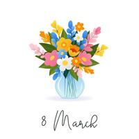 international aux femmes journée. 8 mars. bannière, carte postale avec isolé vase et bouquet de divers printemps fleurs sur blanc Contexte. moderne vecteur conception pour affiche, campagne, social médias poste.