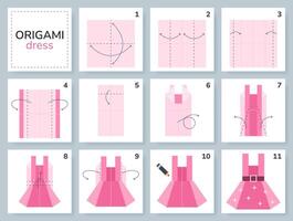 robe origami schème Didacticiel en mouvement modèle pour enfants. étape par étape Comment à faire une mignonne origami robe d'été. vecteur illustration. vêtements, vêtements, vêtement.