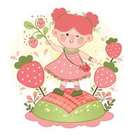 vecteur illustration de magnifique mignonne fille dans une robe avec des fraises