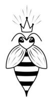 mignonne abeille reine avec une couronne, abeille mère noir et blanc vecteur illustration