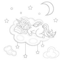 peu Licorne en train de dormir sur nuage. dessin animé vecteur illustration pour coloration livre ou coloration page.