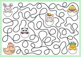 Pâques Labyrinthe pour enfants. printemps vacances préscolaire imprimable activité avec kawaii poule recherche pour poussin. jardin labyrinthe Jeu ou puzzle avec mignonne personnages cache dans œufs, chat, carotte, Panda, lapin vecteur