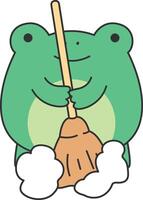 mignonne grenouille nettoyage avec une balai. vecteur illustration dans dessin animé style.