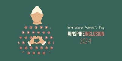 vieux Dame sur international aux femmes journée 2024 bannière. iwd inspirer l'inclusion horizontal conception avec femme spectacles cœur forme avec mains. minimaliste sans visage style de inspirer inclusion social campagne. vecteur