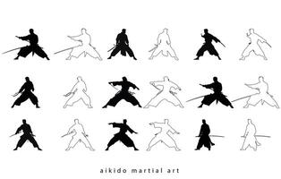 karaté combattant dans kimono, aïkido vecteur silhouette, bien connu martial arts martiaux exercice