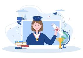 jour de remise des diplômes virtuel en ligne des étudiants célébrant l'illustration vectorielle de fond portant une robe académique, une casquette de diplômé et titulaire d'un diplôme en communication par vidéo vecteur