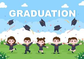 joyeux jour de remise des diplômes aux étudiants célébrant l'illustration vectorielle de fond portant une robe académique, une casquette de diplômé et titulaire d'un diplôme dans un style plat vecteur