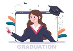 jour de remise des diplômes virtuel en ligne des étudiants célébrant l'illustration vectorielle de fond portant une robe académique, une casquette de diplômé et titulaire d'un diplôme en communication par vidéo vecteur