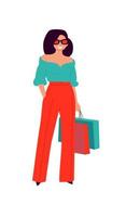 illustration d'un mignon à la mode en pantalon rouge. vecteur. acheteuse, accro du shopping. fille décontractée à la mode. style plat. vecteur