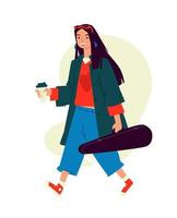 illustration d'une fille avec du café cappuccino. vecteur. une femme court à une répétition le matin. musicien de tous les jours. un café matinal revigorant. un tueur à gages dans un étui à violon porte un fusil. vecteur