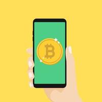 main tenant un smartphone avec monnaie bitcoin. concept d'entreprise bitcoin en ligne. vecteur