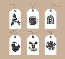 ensemble d'étiquettes d'éléments de noël scandinaves doodle dessinés à la main. collection hiver vacances vecteur joyeux mug arc-en-ciel oiseau cerf flocon de neige décoratif hygge éléments de noël