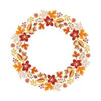 cadre rond d'automne de vecteur. couronne de feuilles d'automne. fond avec des feuilles d'automne dessinées à la main avec place pour votre texte. illustration d'éléments de design scandinave doodle vecteur