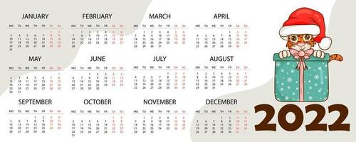 modèle de conception de calendrier pour 2022, l'année du tigre selon le calendrier chinois ou oriental, avec une illustration du tigre. table horizontale avec calendrier pour 2022. vecteur