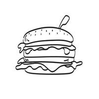 hamburger avec vecteur d'illustration de brochette de bois isolé sur fond blanc dessin au trait.
