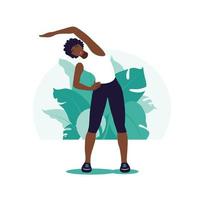 femme africaine exerçant dans le parc. sports de plein air. concept de mode de vie sain et de remise en forme. illustration vectorielle dans un style plat. vecteur