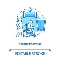 icône de concept de pharmacie. illustration de ligne mince d'idée de traitement de médicament de patient de hospice. soins de santé aux personnes âgées, handicapées et soulagement de la douleur. dessin de contour isolé de vecteur. trait modifiable vecteur