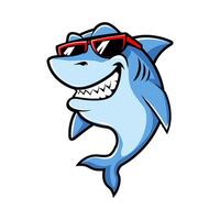 souriant requin dessin animé mascotte personnage avec des lunettes de soleil vecteur