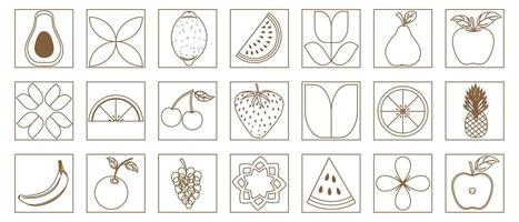 géométrique mosaïque avec des fruits et fleurs. fruit vecteur mosaïque. blanc et marron vecteur plat fruit dessins contour géométrique mosaïque bannière. à la mode conception pour bannière, carte, couverture, affiche, fond d'écran.