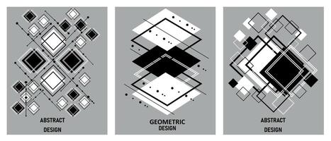 futuriste rétro minimaliste affiches avec 3d triangulaire formes, géométrique formes formant graphique, moderne conception, mode style inspiré par brutalisme. vecteur. vecteur