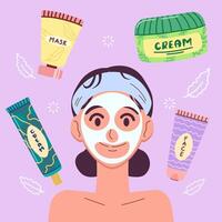 beauté fille prendre se soucier de sa visage avec visage masque. bouteilles et tubes avec produits de beauté. peau se soucier routine, hygiène et hydratant concept. plat vecteur illustration.