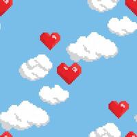 vecteur sans couture modèle avec rouge cœur en forme de des ballons dans le ciel. pixel art style
