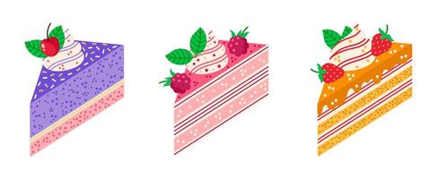 pièce de gâteau vecteur icône ensemble. savoureux desserts avec biscuit, crème, menthe feuilles, arrose. été cuisson tranche avec framboise, cerise, fraise. sucré anniversaire fête Pâtisserie. plat dessin animé clipart