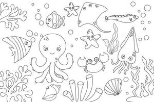 sous-marin dessin animé éléments coloration page pour enfants, coloration vecteur illustration.