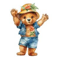 aquarelle mignonne ours portant fleur chapeau, denim chemise et un pantalon élevage tous les deux mains concept vecteur