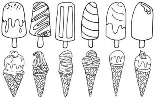 main tiré la glace crème ensemble. coloration page pour des gamins vecteur illustration