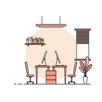 table de travail design plat, concept d'intérieur de bureau de travail avec mobilier. salle de travail avec ordinateur, bureau, table, chaise, livre et équipement fixe. travailler à partir d'une illustration de dessin animé à la maison. vecteur