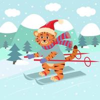 le tigre mignon dans le chapeau et l'écharpe fait du ski. vecteur