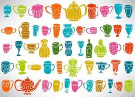 ensemble de doodle coloré de plats dessinés à la main, tasses, théières, verres, vases isolés sur blanc. collection d'éléments d'ustensiles de cuisine pour la conception. vecteur