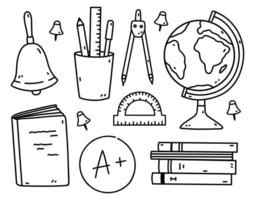 une ensemble de école Provisions - livres et des cahiers, une globe, boussoles, dirigeants, épingles, verre avec papeterie. vecteur dessiné à la main illustration dans griffonnage style. parfait pour logo, décorations, divers conceptions.