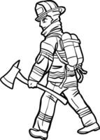dessin animé sapeur pompier dans équipement avec hache en marchant vecteur