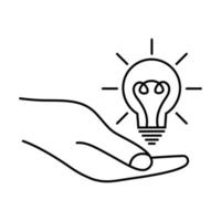ampoule à la main. concept d'idées, inspiration, pensée efficace. signe d'idée, solution, pensée, concept. éclairage lampe électrique. résolution créative de problèmes. trait modifiable vecteur