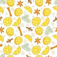 modèle sans couture de noël et du nouvel an avec des branches de sapin, de la cannelle, des oranges, des étoiles d'anis et des clous de girofle. décoration de Noël. illustration vectorielle stock sur fond blanc. vecteur