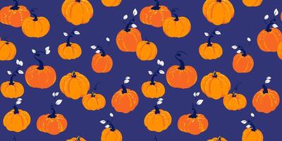 sans couture modèle avec mignonne Créatif citrouilles sur une bleu Contexte. vecteur main tiré citrouille imprimer. parfait pour automne, action de grâces, Halloween, vacances. modèle pour conception, papier, couverture, en tissu