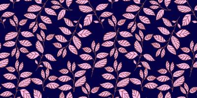 créatif, abstrait, brillant feuilles branches entrelacés dans une sans couture modèle. vecteur tiré illustration forme feuille tiges. stylisé tropical floral sur une foncé bleu Contexte. modèle pour conception