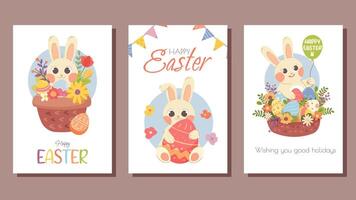 ensemble de mignonne Pâques cartes postales. vecteur illustration avec kawaii lapins, branches, fleur paniers et toutes nos félicitations content Pâques, bien vacances