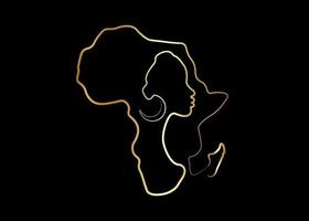 femme africaine noire dans le style art de la ligne d'or, dessin au trait continu de la femme afro et de la carte du continent africain. Logo d'icône de dessin vectoriel doré isolé sur fond noir