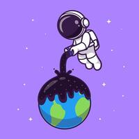 mignonne astronaute verser espace sur Terre dessin animé vecteur icône illustration. science La technologie icône concept isolé prime vecteur. plat dessin animé style