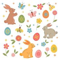 Pâques collection avec lapins, printemps fleurs, coloré œufs, papillons. Pâques arrière-plan, brillant vacances agrafe art pour salutation cartes, cadeau Mots clés, impression. vecteur mignonne Pâques lapin, lapin.