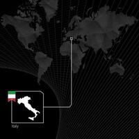 Italie sur noir monde carte. carte et drapeau de Italie. vecteur