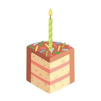 tranche de anniversaire Chocolat gâteau avec bougie. pièce de gâteau pour content anniversaire salutation carte, autocollant, bannière et carte postale. vecteur illustration isolé sur une blanc Contexte.