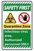 sécurité première zone de virus infectieux de quarantaine signe sur fond blanc vecteur